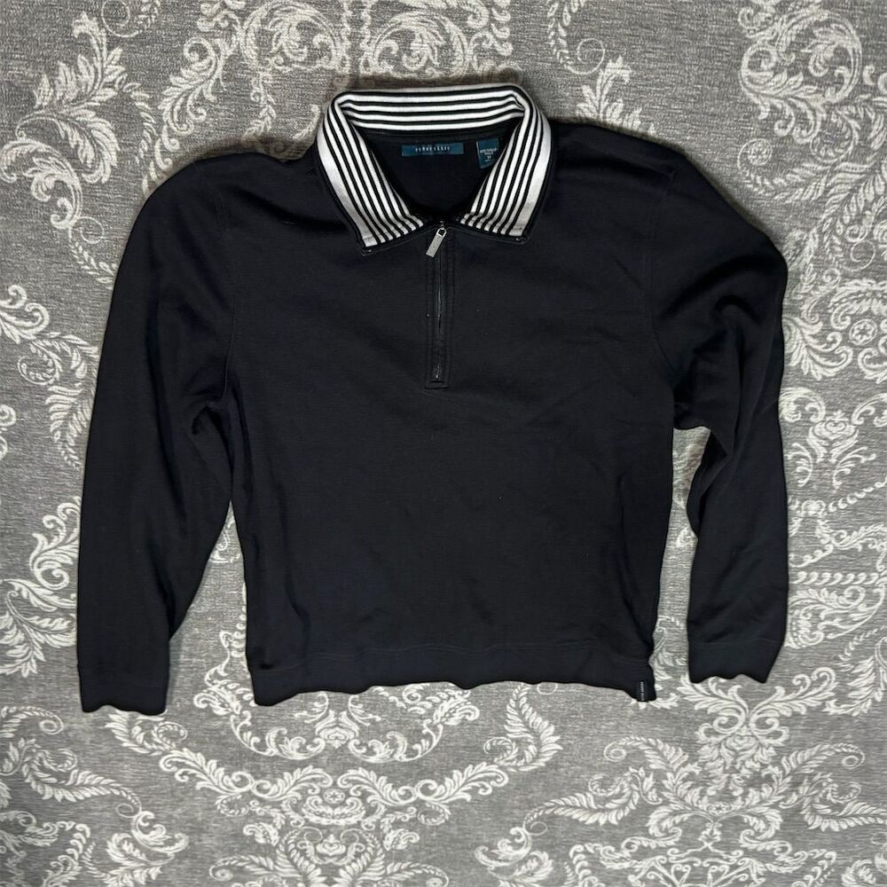 Perry Ellis Women's M Black Striped Collared Pullover Sweater Top